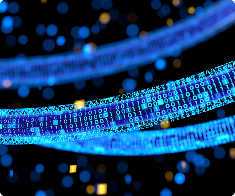 Fiber optic strands with binary data overlay representing DTS network infrastructure