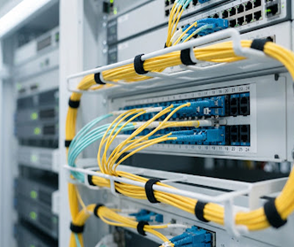 DTS fiber patch panel with yellow cabling