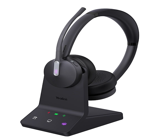Yealink wireless headset on charging stand